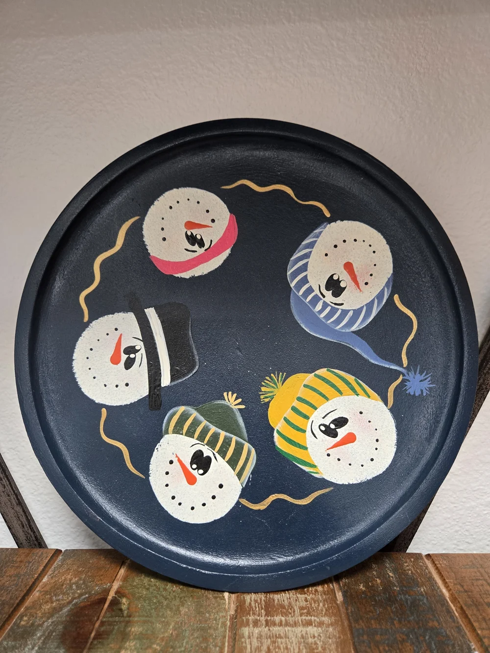 Vintage Handpainted Snowman Christmas Decorative Wood Plate 12in Holiday Platter